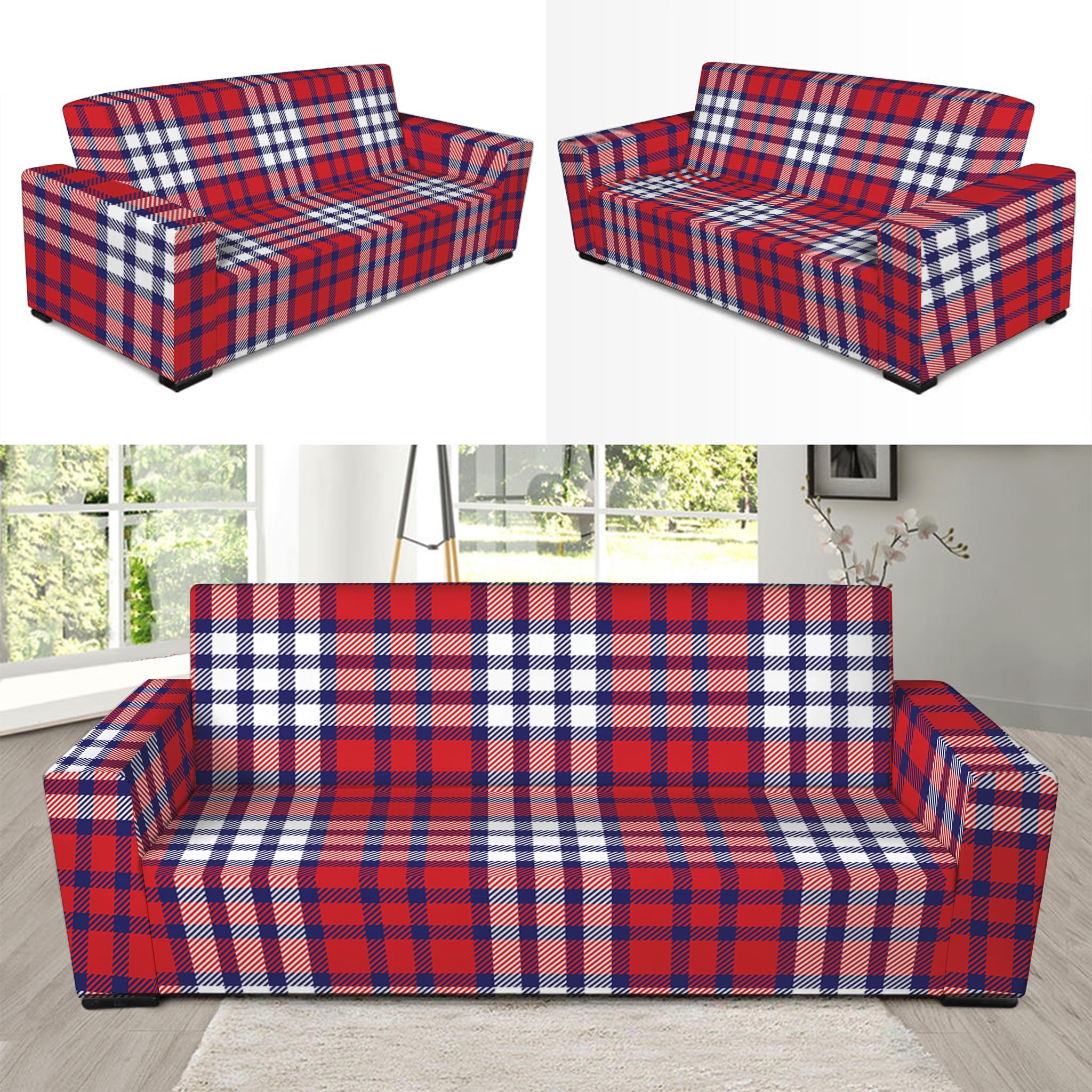 Blue Red And White USA Plaid Print Sofa Slipcover