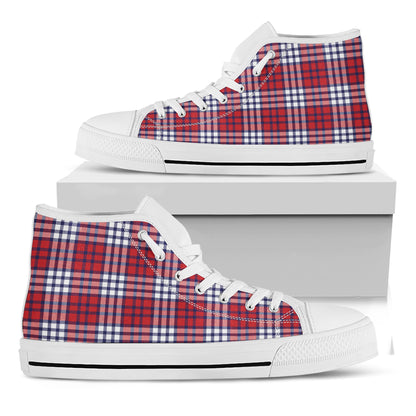 Blue Red And White USA Plaid Print White High Top Shoes