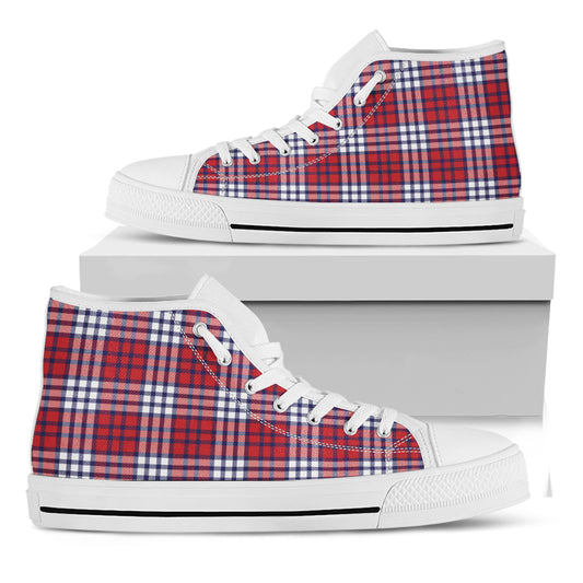 Blue Red And White USA Plaid Print White High Top Shoes