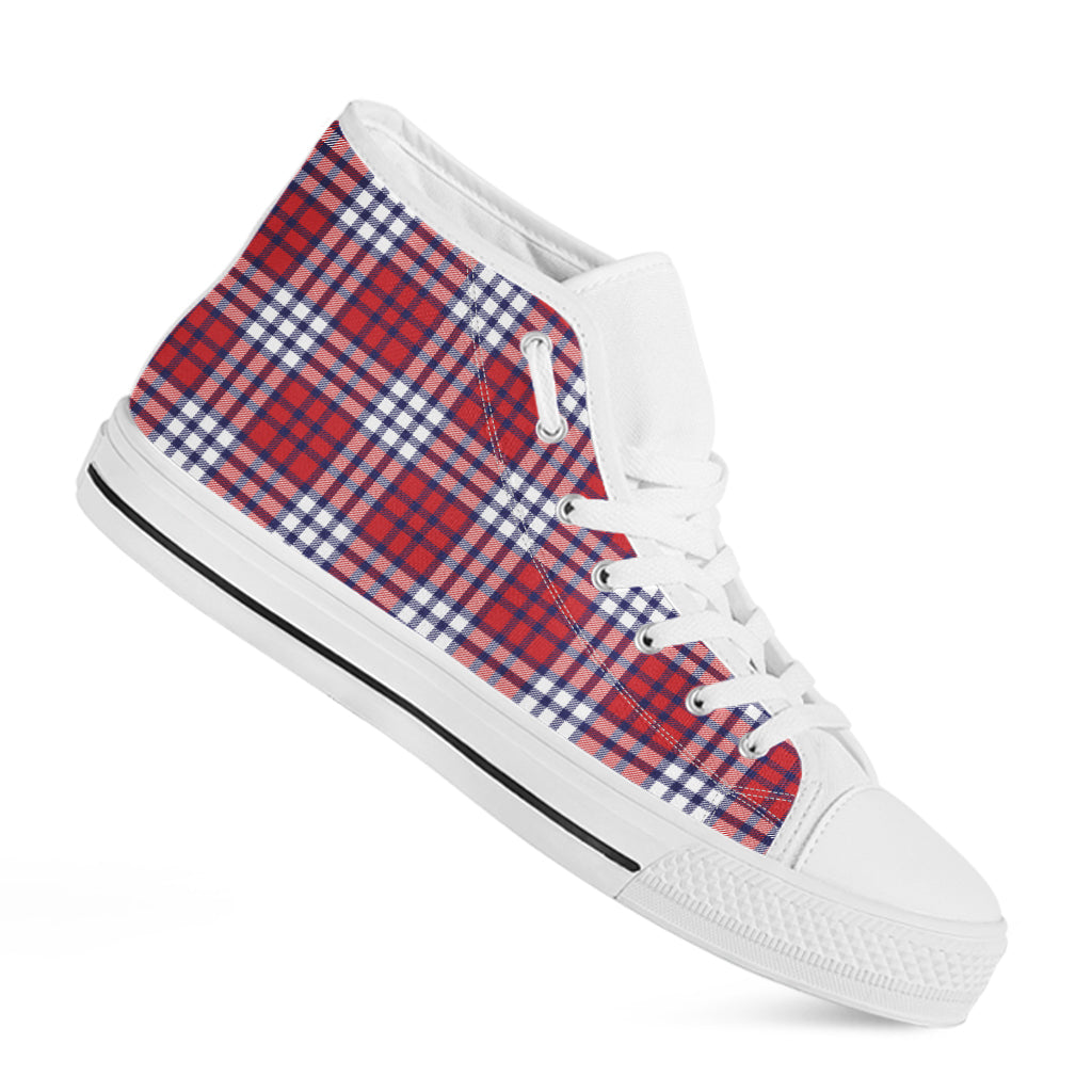 Blue Red And White USA Plaid Print White High Top Shoes