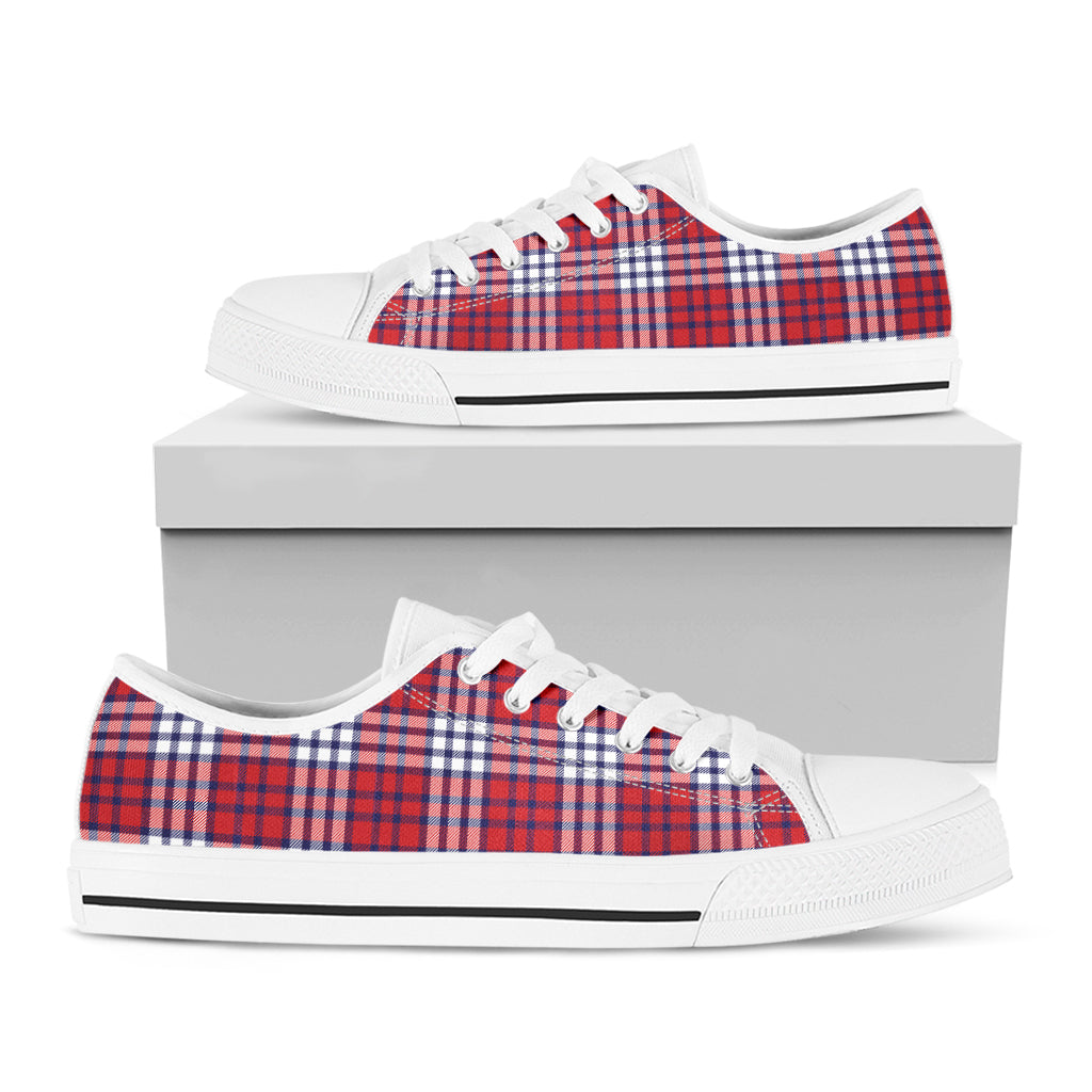 Blue Red And White USA Plaid Print White Low Top Shoes