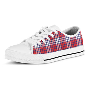 Blue Red And White USA Plaid Print White Low Top Shoes