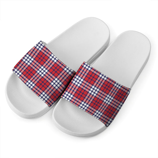 Blue Red And White USA Plaid Print White Slide Sandals