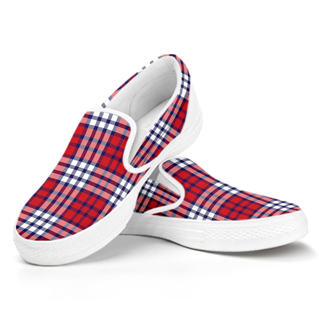 Blue Red And White USA Plaid Print White Slip On Shoes