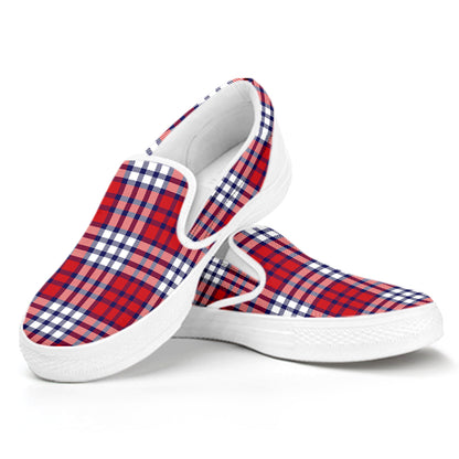 Blue Red And White USA Plaid Print White Slip On Shoes
