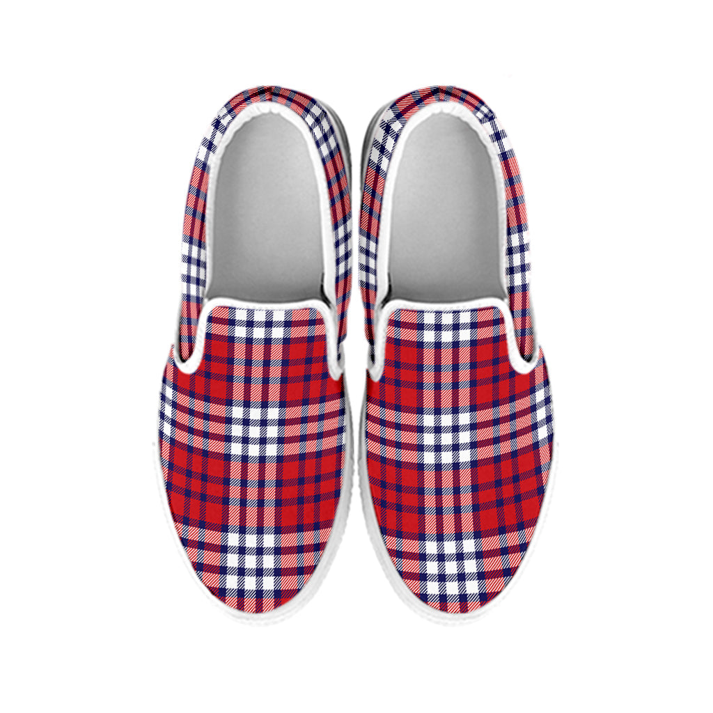 Blue Red And White USA Plaid Print White Slip On Shoes