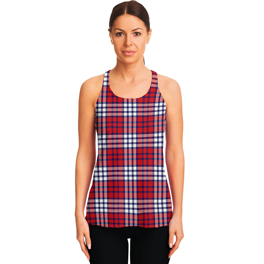 Blue Red And White USA Plaid Print Women's Racerback Tank Top