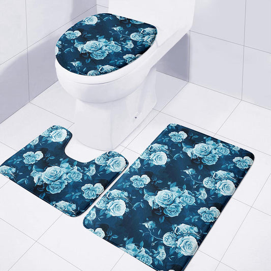 Blue Rose Floral Flower Pattern Print 3 Piece Bath Mat Set