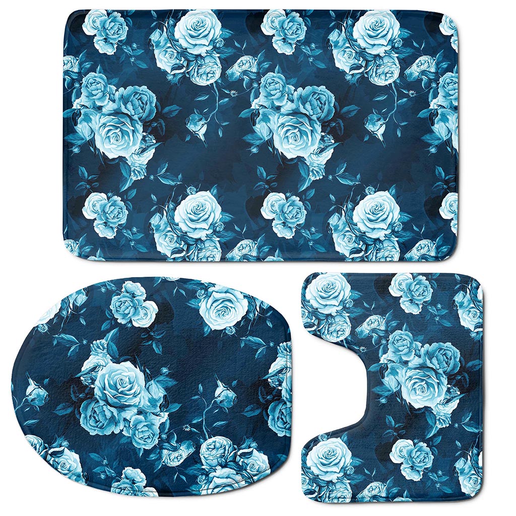 Blue Rose Floral Flower Pattern Print 3 Piece Bath Mat Set