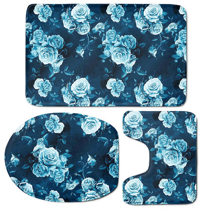 Blue Rose Floral Flower Pattern Print 3 Piece Bath Mat Set