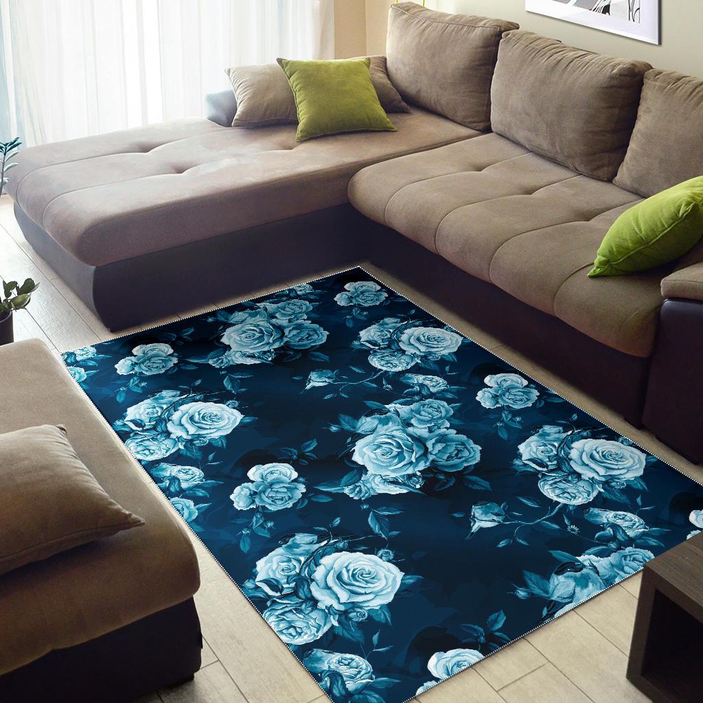 Blue Rose Floral Flower Pattern Print Area Rug GearFrost