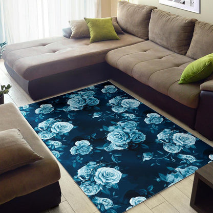 Blue Rose Floral Flower Pattern Print Area Rug GearFrost