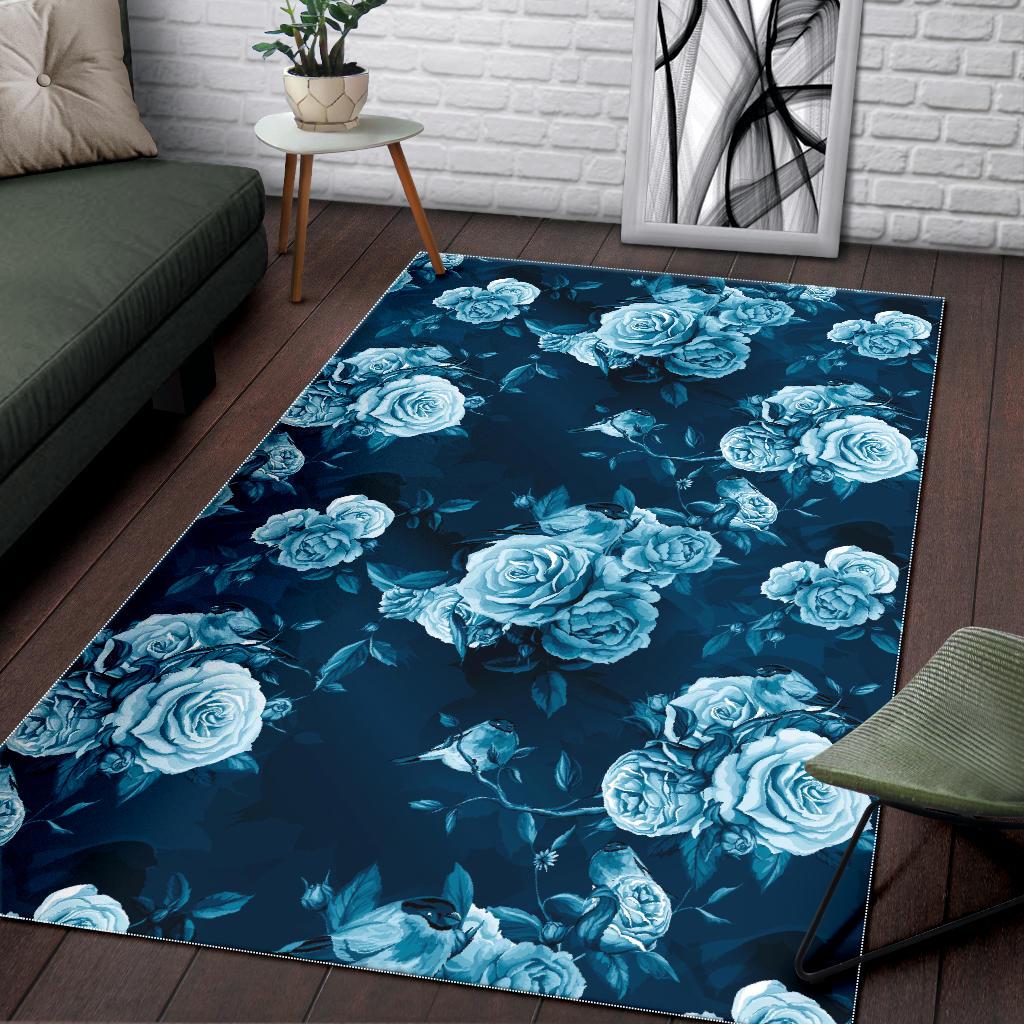 Blue Rose Floral Flower Pattern Print Area Rug GearFrost