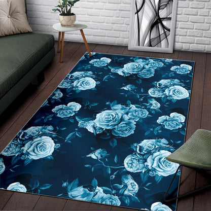 Blue Rose Floral Flower Pattern Print Area Rug GearFrost