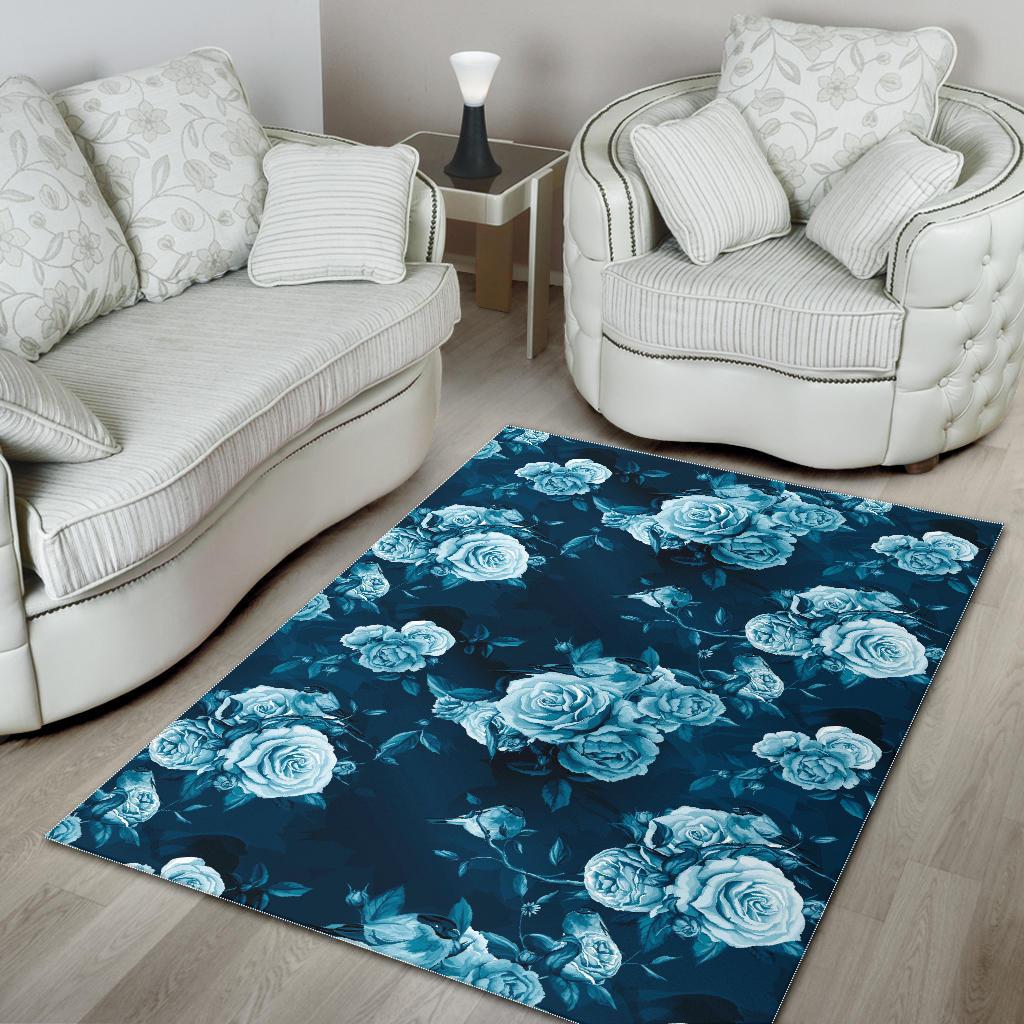 Blue Rose Floral Flower Pattern Print Area Rug GearFrost