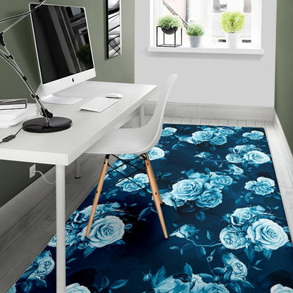 Blue Rose Floral Flower Pattern Print Area Rug GearFrost