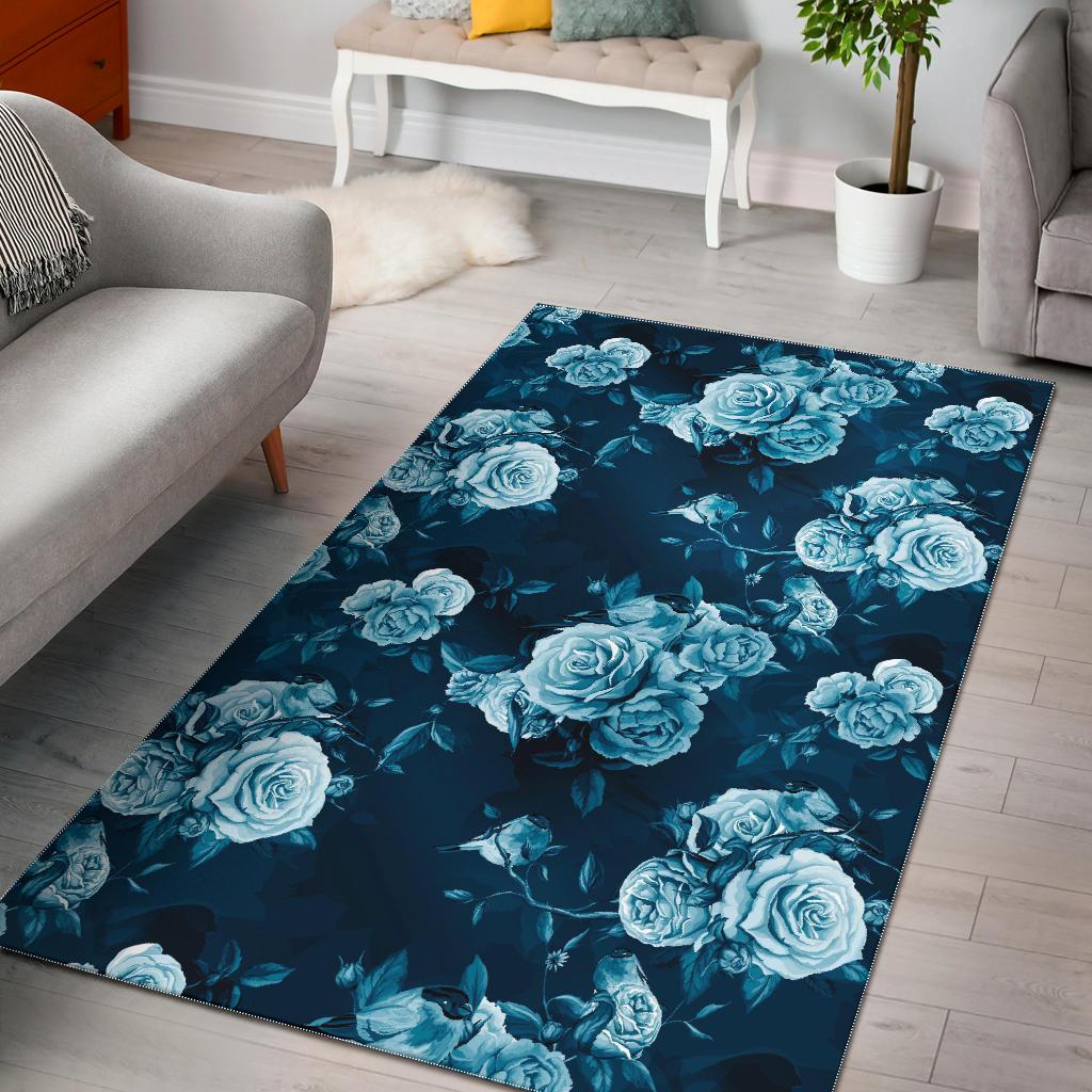 Blue Rose Floral Flower Pattern Print Area Rug GearFrost