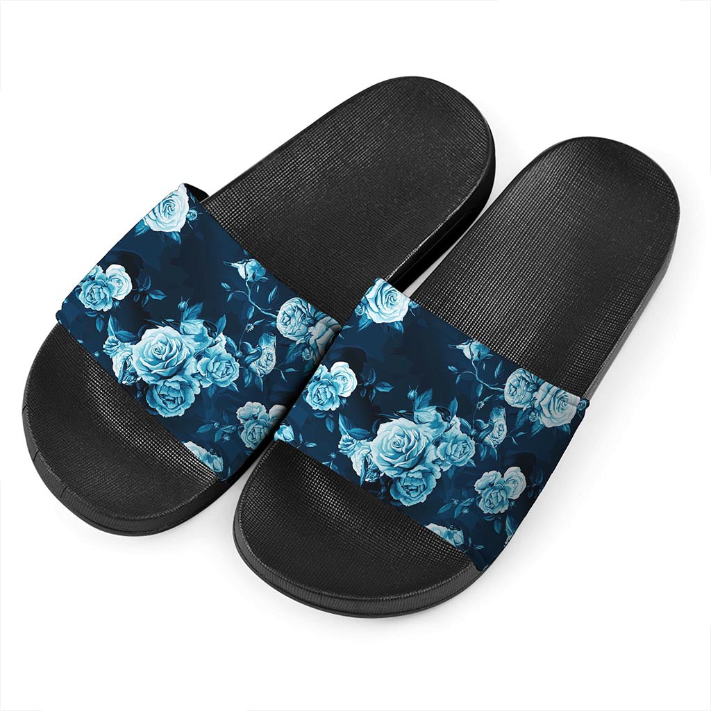 Blue Rose Floral Flower Pattern Print Black Slide Sandals