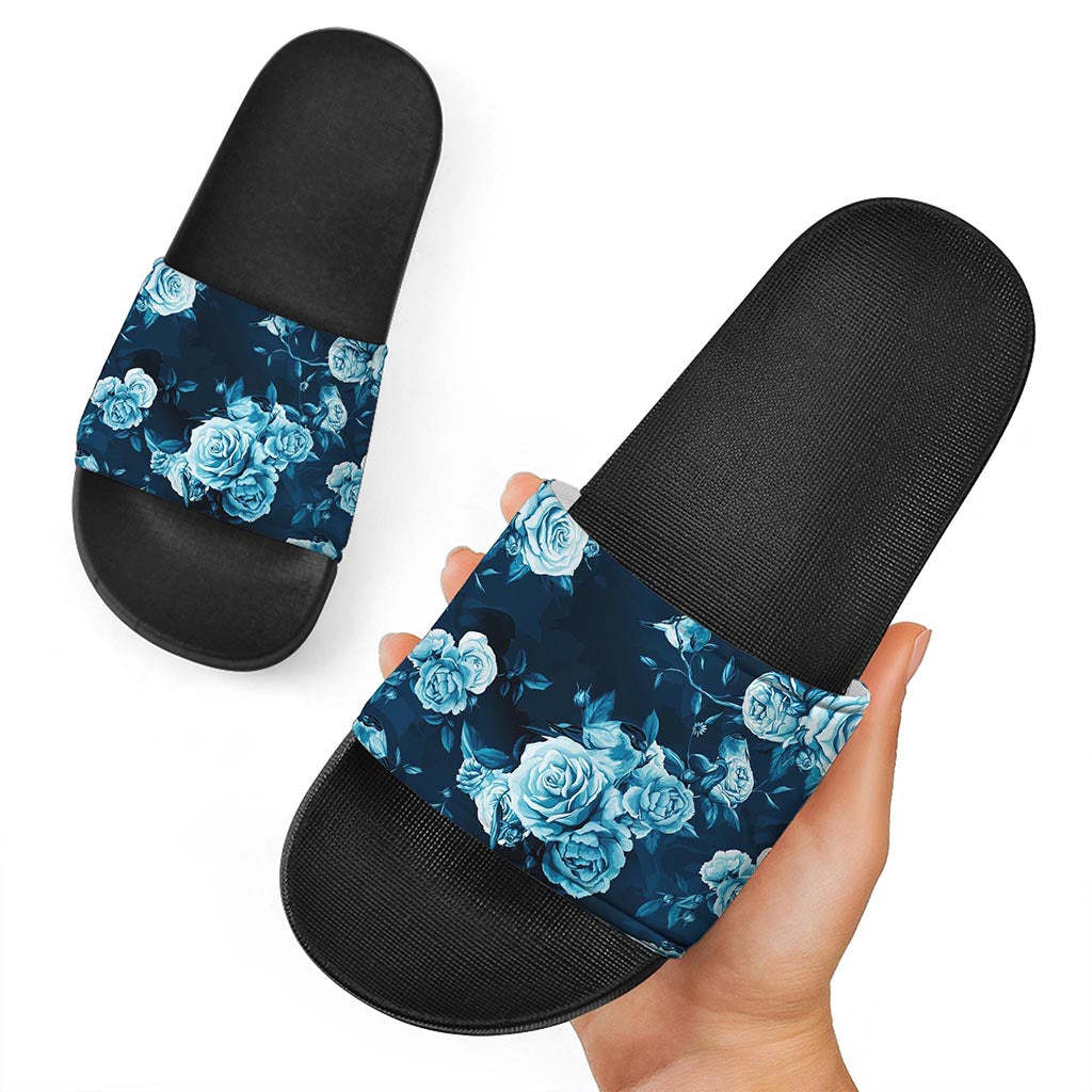 Blue Rose Floral Flower Pattern Print Black Slide Sandals