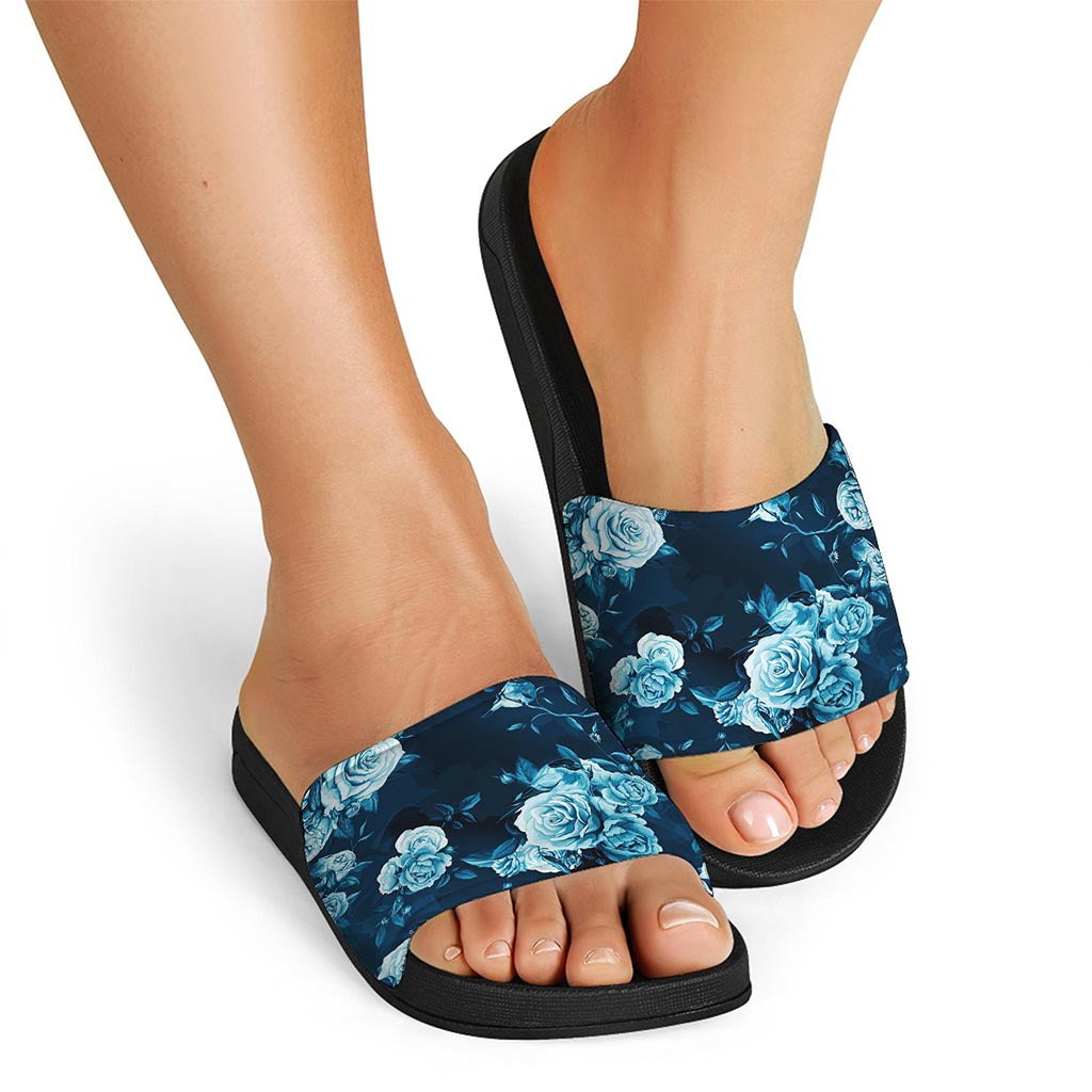 Blue Rose Floral Flower Pattern Print Black Slide Sandals