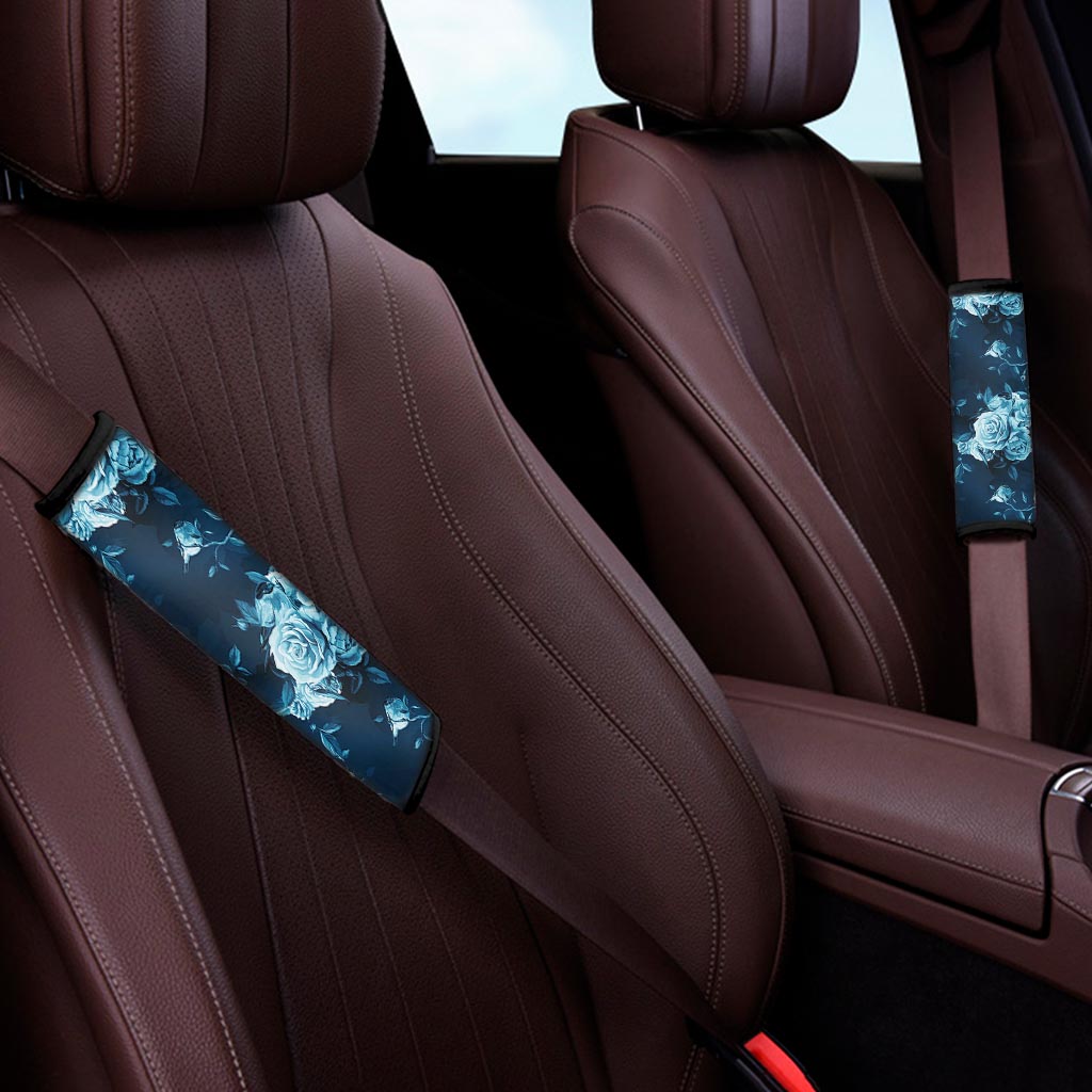 Blue Rose Floral Flower Pattern Print Car Seat Belt Covers