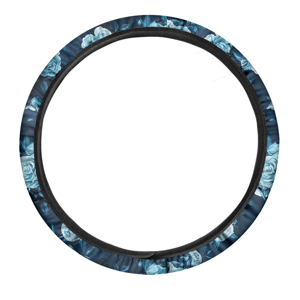 Blue Rose Floral Flower Pattern Print Car Steering Wheel Cover