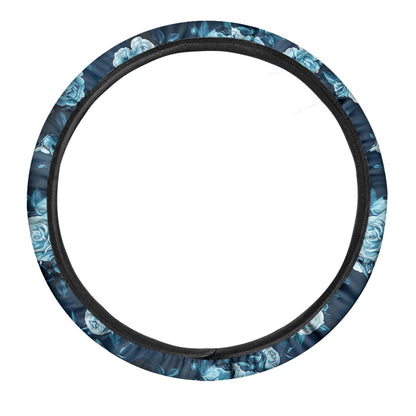 Blue Rose Floral Flower Pattern Print Car Steering Wheel Cover