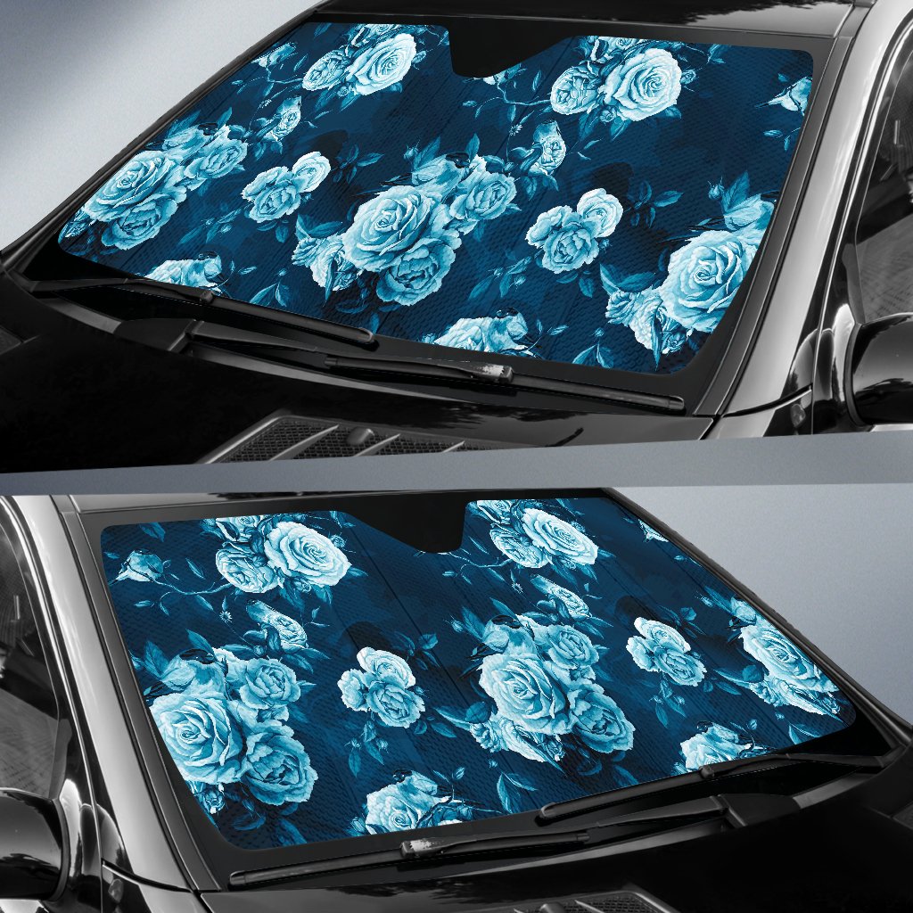 Blue Rose Floral Flower Pattern Print Car Sun Shade GearFrost