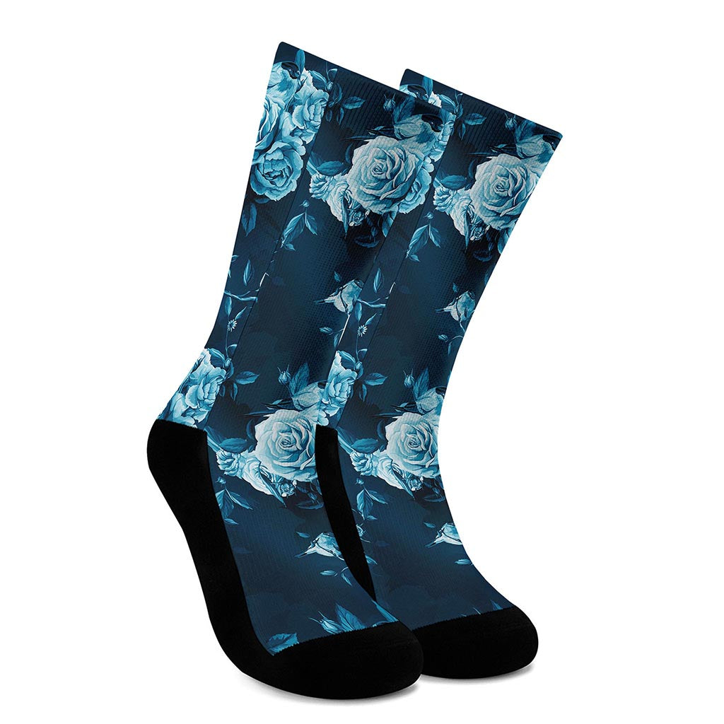 Blue Rose Floral Flower Pattern Print Crew Socks
