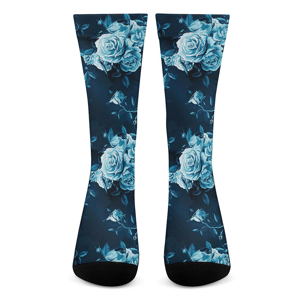 Blue Rose Floral Flower Pattern Print Crew Socks