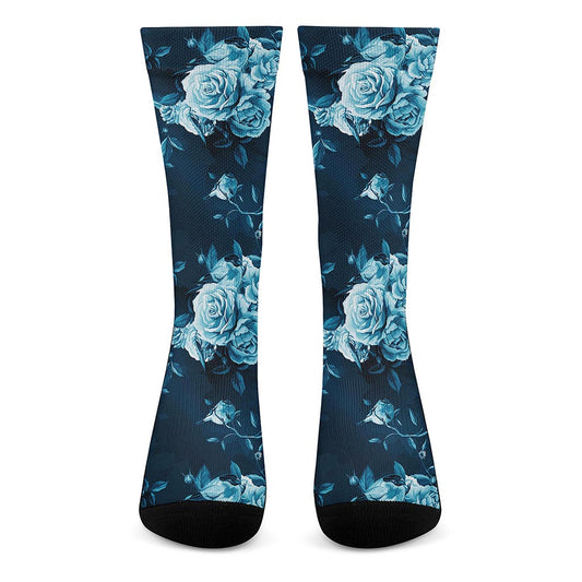 Blue Rose Floral Flower Pattern Print Crew Socks