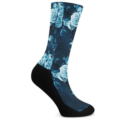 Blue Rose Floral Flower Pattern Print Crew Socks