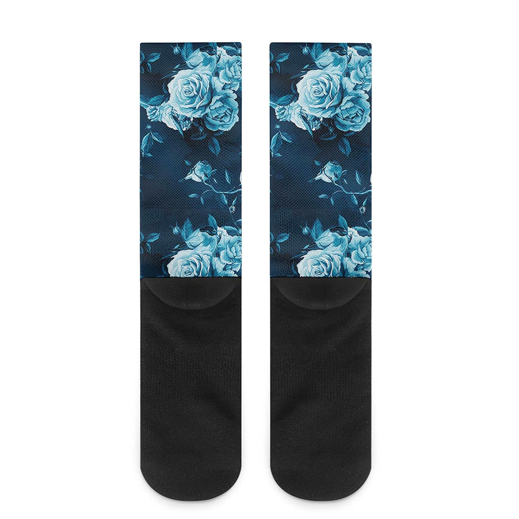 Blue Rose Floral Flower Pattern Print Crew Socks