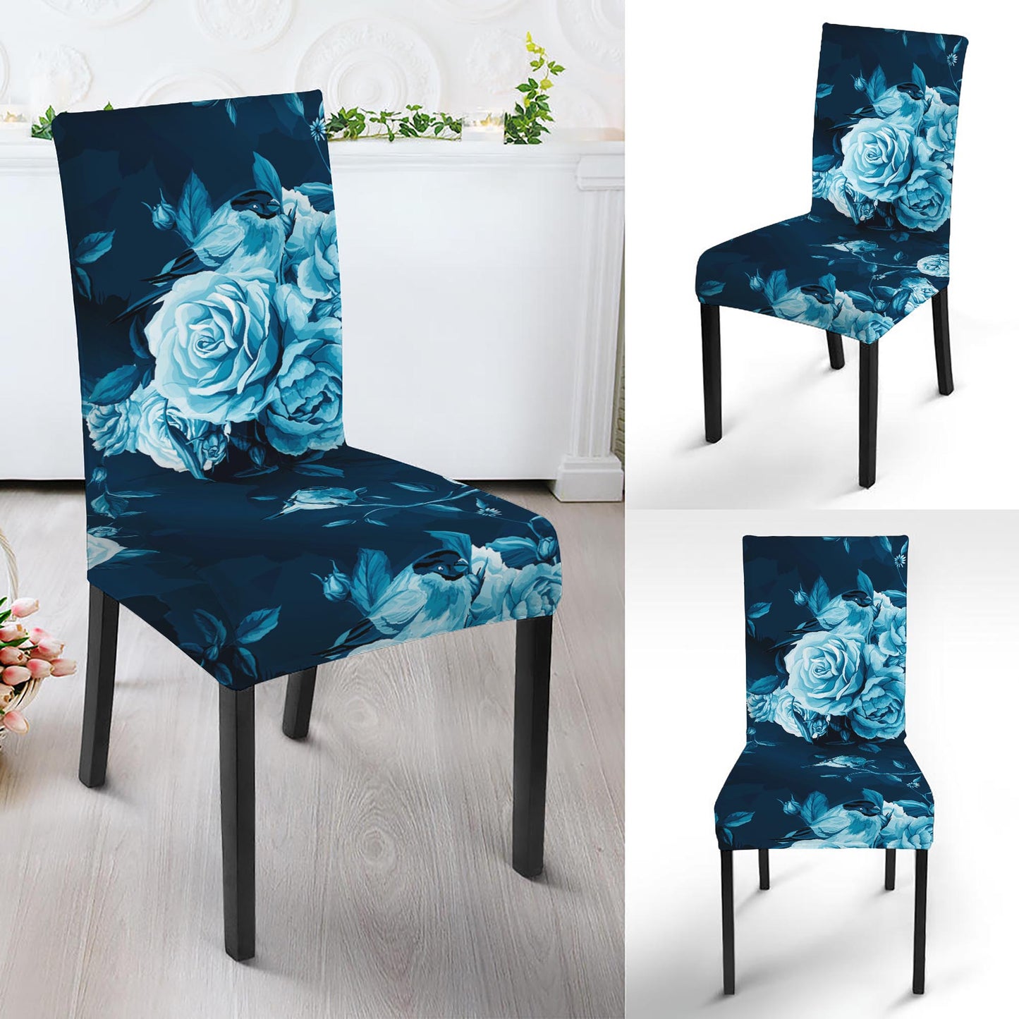 Blue Rose Floral Flower Pattern Print Dining Chair Slipcover