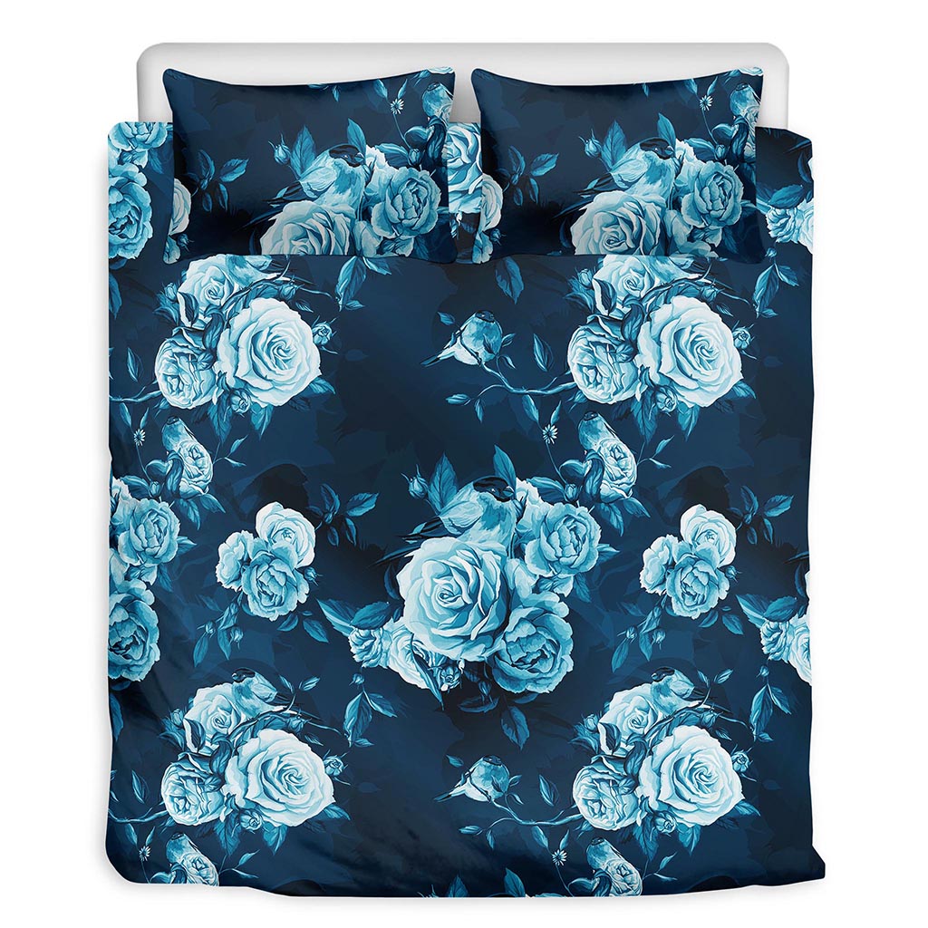 Blue Rose Floral Flower Pattern Print Duvet Cover Bedding Set