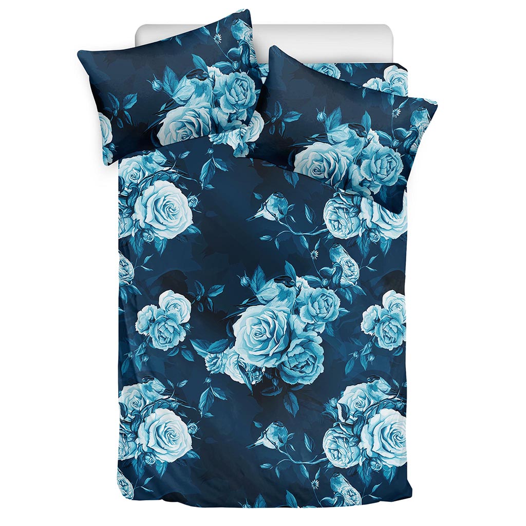 Blue Rose Floral Flower Pattern Print Duvet Cover Bedding Set