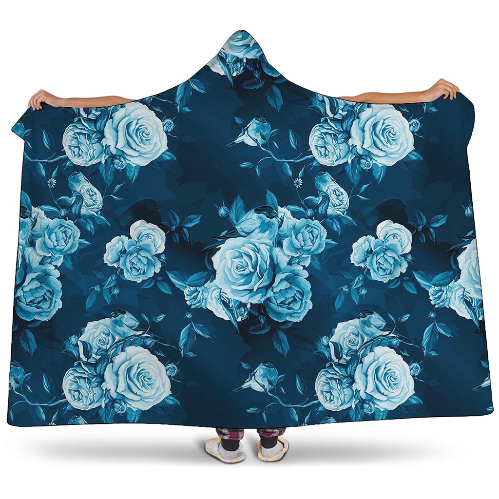 Blue Rose Floral Flower Pattern Print Hooded Blanket
