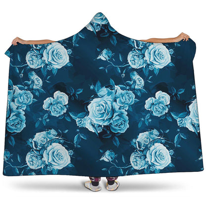 Blue Rose Floral Flower Pattern Print Hooded Blanket