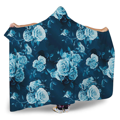 Blue Rose Floral Flower Pattern Print Hooded Blanket