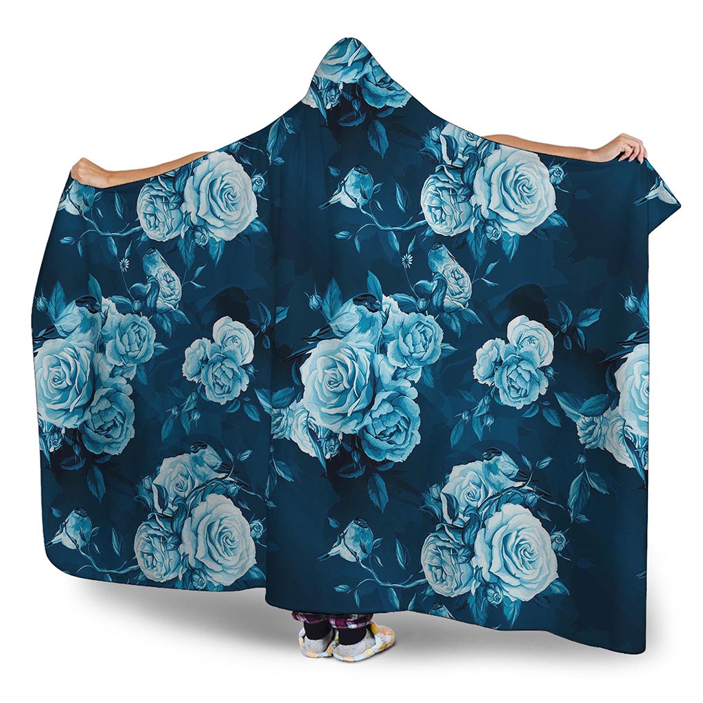 Blue Rose Floral Flower Pattern Print Hooded Blanket