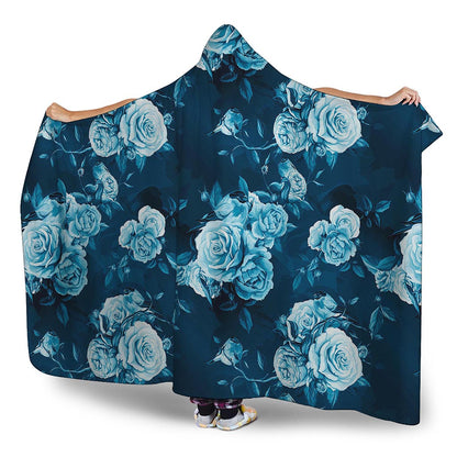 Blue Rose Floral Flower Pattern Print Hooded Blanket