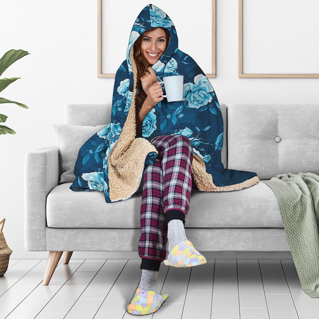 Blue Rose Floral Flower Pattern Print Hooded Blanket