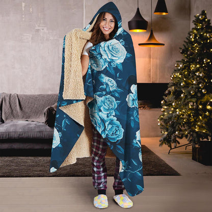 Blue Rose Floral Flower Pattern Print Hooded Blanket