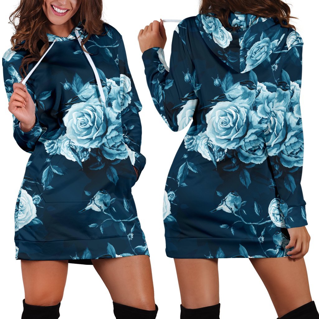 Blue Rose Floral Flower Pattern Print Hoodie Dress GearFrost