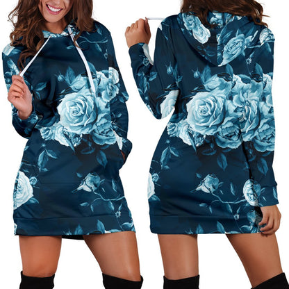 Blue Rose Floral Flower Pattern Print Hoodie Dress GearFrost