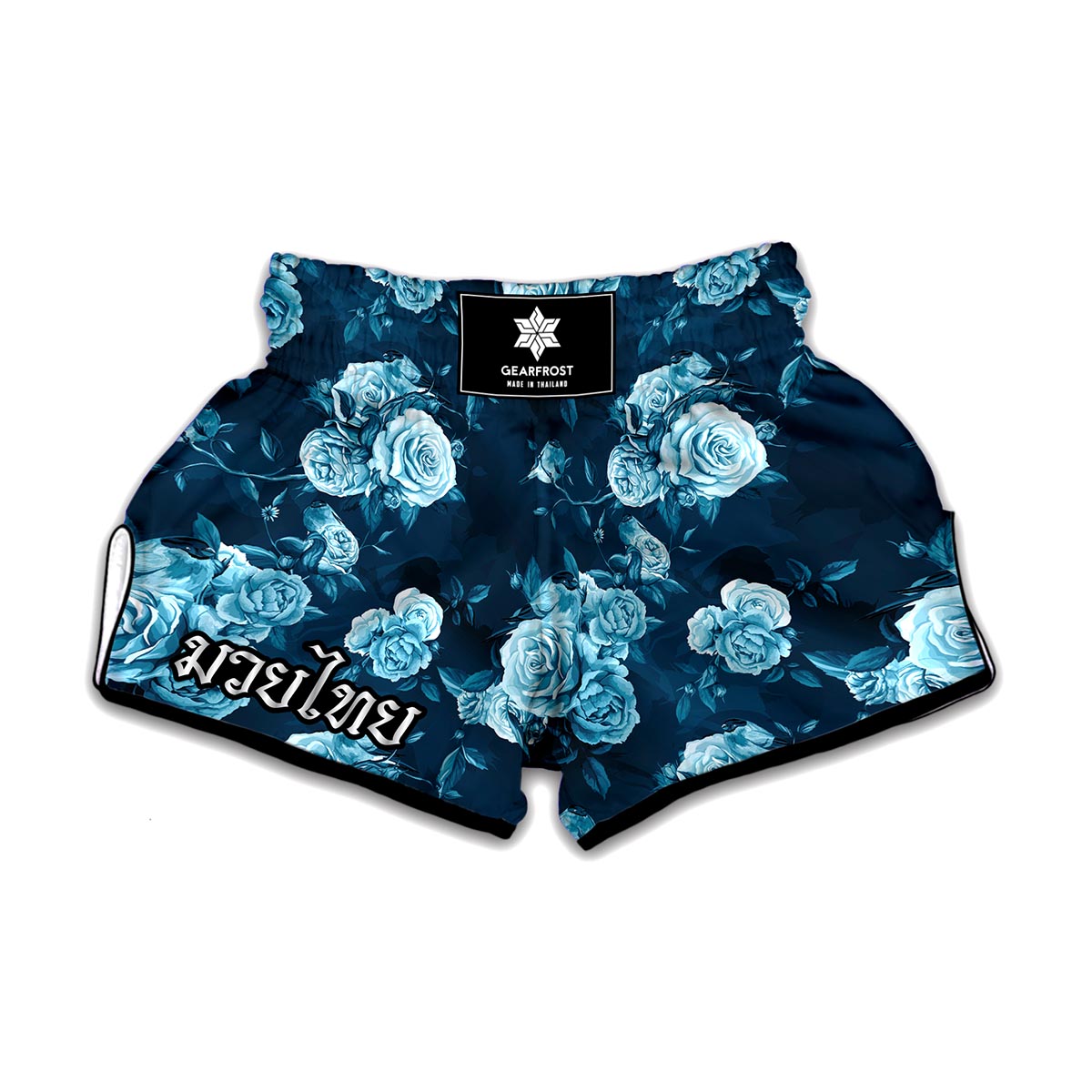 Blue Rose Floral Flower Pattern Print Muay Thai Boxing Shorts