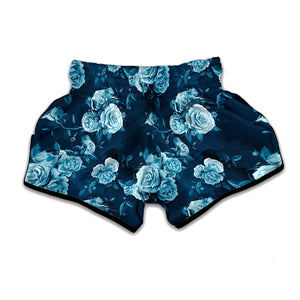 Blue Rose Floral Flower Pattern Print Muay Thai Boxing Shorts