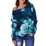 Blue Rose Floral Flower Pattern Print Off Shoulder Sweatshirt GearFrost