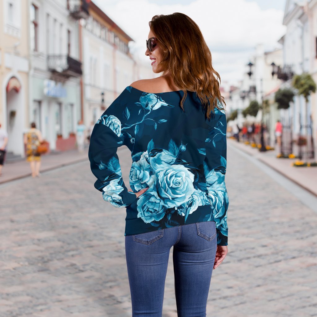 Blue Rose Floral Flower Pattern Print Off Shoulder Sweatshirt GearFrost