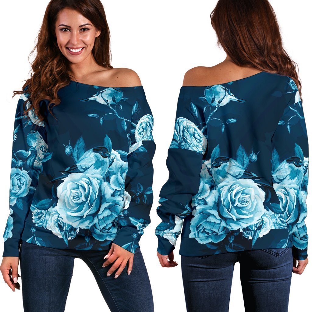 Blue Rose Floral Flower Pattern Print Off Shoulder Sweatshirt GearFrost